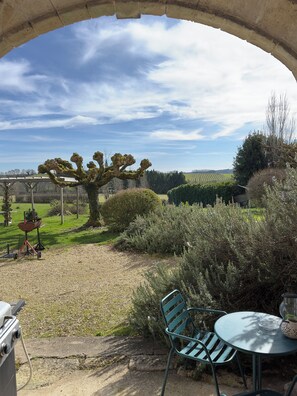 Une terrasse avec une table et des chaises, un barbecue et une vue sur un arbre et des champs.