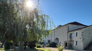 A stone building with a courtyard, a large tree, and a clear blue sky. - Les Foucauds. A little paradise among the vines (Saint-Quentin-de-Caplong)