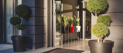 A modern building entrance with potted plants and a doormat.