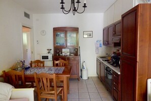 Fridge, oven, dishwasher, dining tables