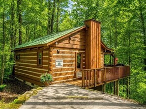 En stuga av trä med ett grönt tak, en veranda och en skylt med texten ”BJÖNPARADISET”.