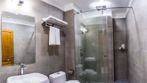 Ein modernes Badezimmer mit einer Duschkabine, einem weißen Waschbecken und einer Toilette.