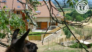 Une maison avec un toit en tuiles, une clôture en bois et une vue sur la campagne.