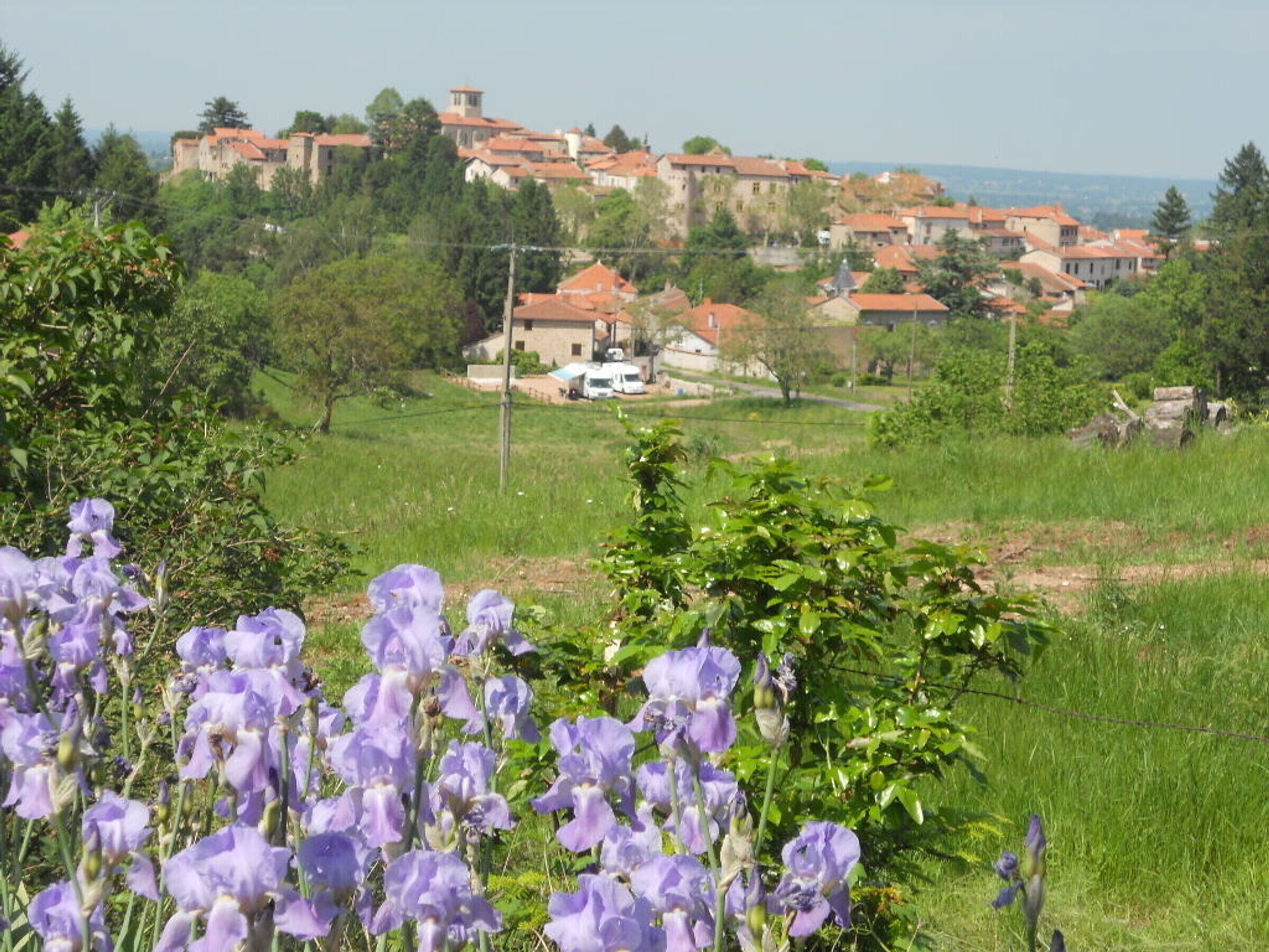 A rural landscape with a village in the background, featuring traditional buildings with red-tiled roofs.