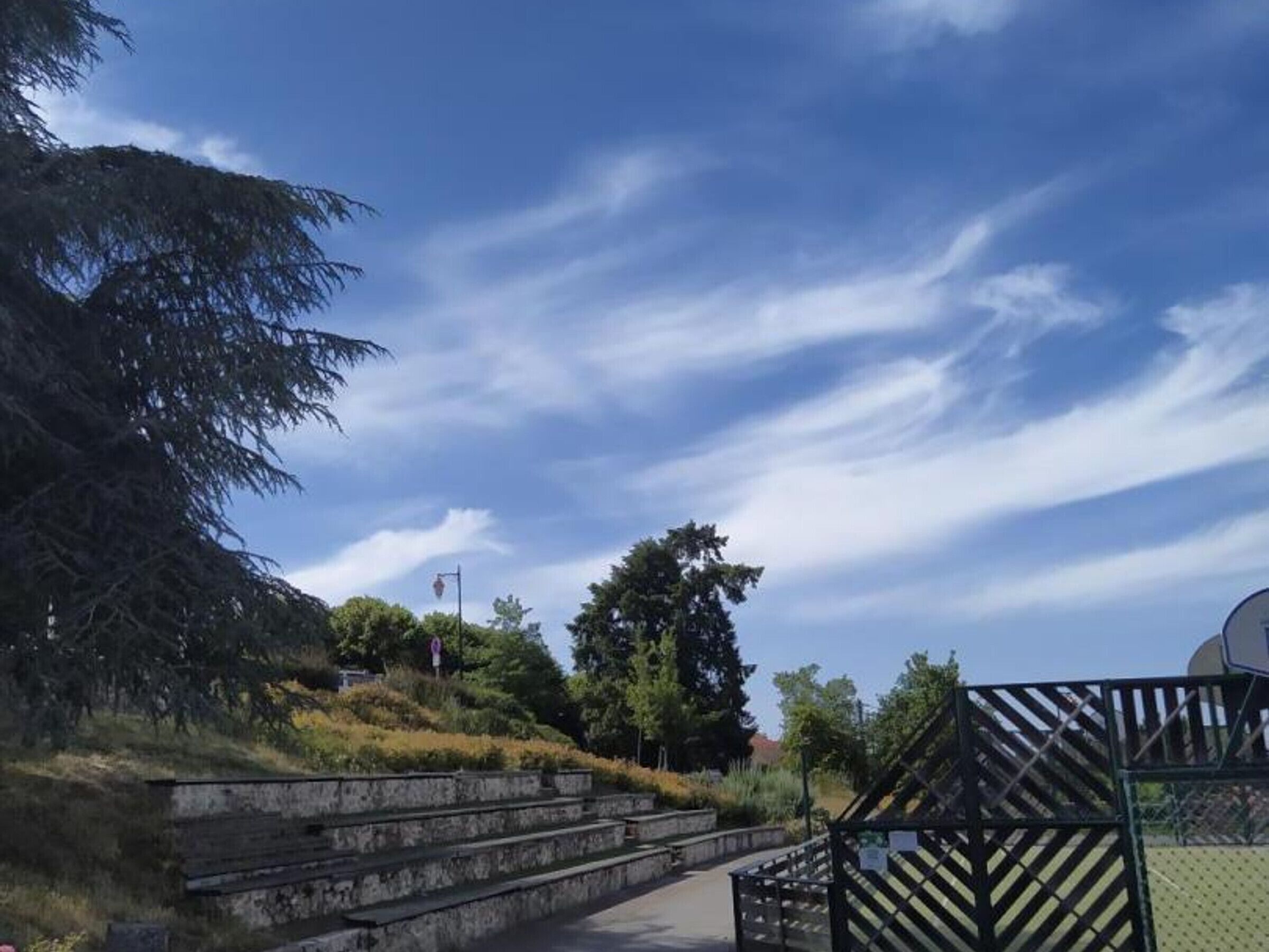 Un chemin mène à une zone délimitée par une grille, avec des marches et des arbres sur le côté gauche.