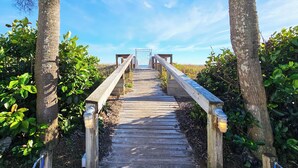 A wooden pathway leading to a gate, surrounded by lush greenery and palm trees. - August 2026 Big Savings!!! Remodeled bathrooms! BEACHFRONT (St. George Island)