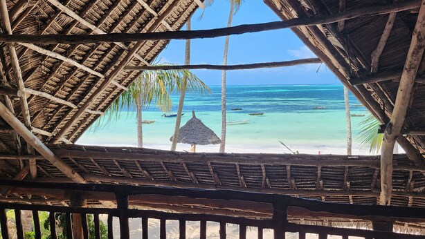 Una estructura con techo de paja y vistas a una playa y agua cristalina.