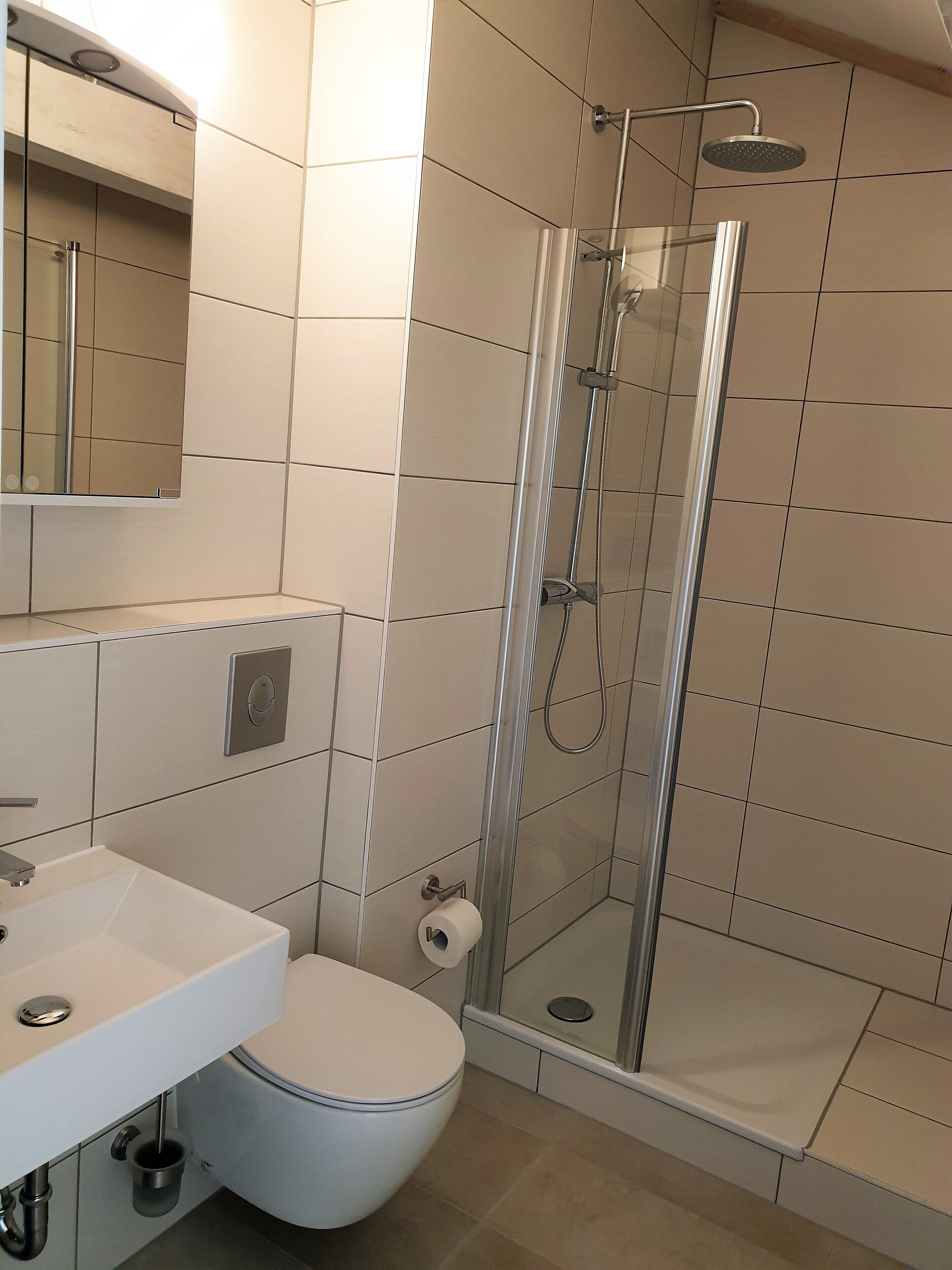 Une salle de bain moderne avec une douche à parois de verre, des toilettes et un lavabo.