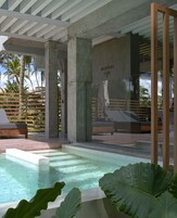 Outdoor pool, pool umbrellas, sun loungers