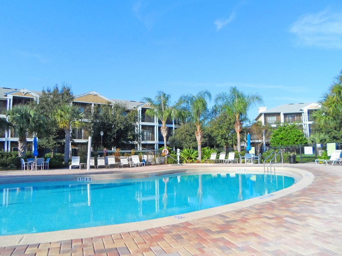 A swimming pool with lounge chairs and umbrellas, surrounded by palm trees and buildings.