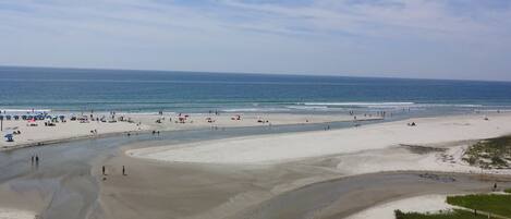 On the beach, sun loungers