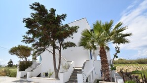 Un edificio moderno e bianco con una scala, palme e cielo sereno.