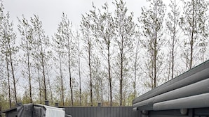 Un bain à remous sur une terrasse en bois, avec une petite table et une échelle, entouré d’une clôture en bois et d’arbres.