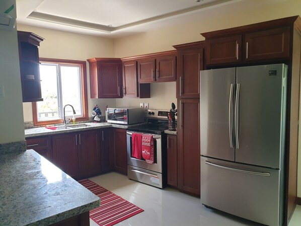 Fridge, microwave, oven, electric kettle