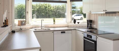 Fridge, stovetop, dishwasher, coffee/tea maker