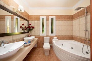 Combined shower/tub, hair dryer, towels
