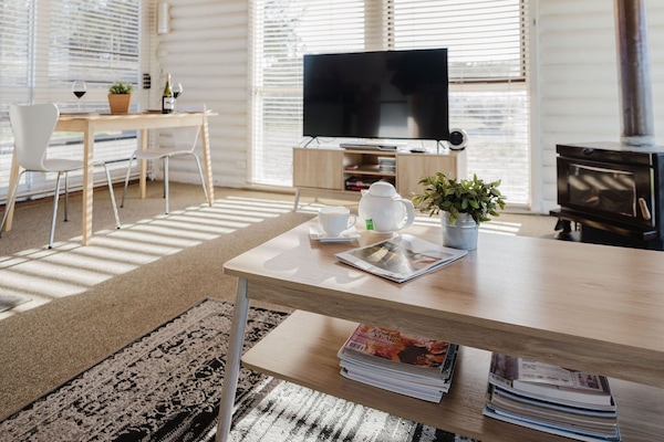 TV connectée, cheminée, lecteur de DVD, livres