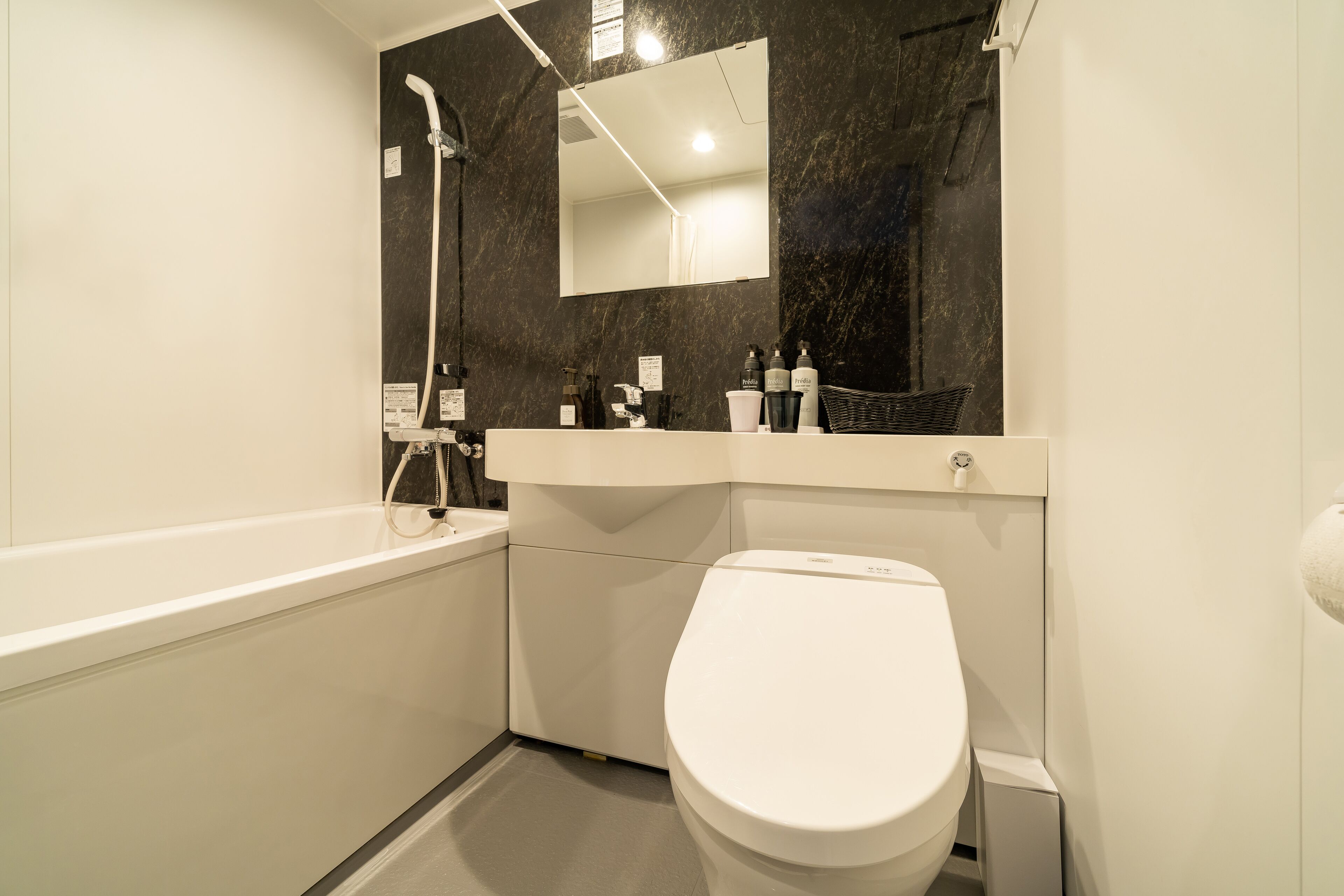 combined shower/bathtub, free toiletries, hair dryer, slippers