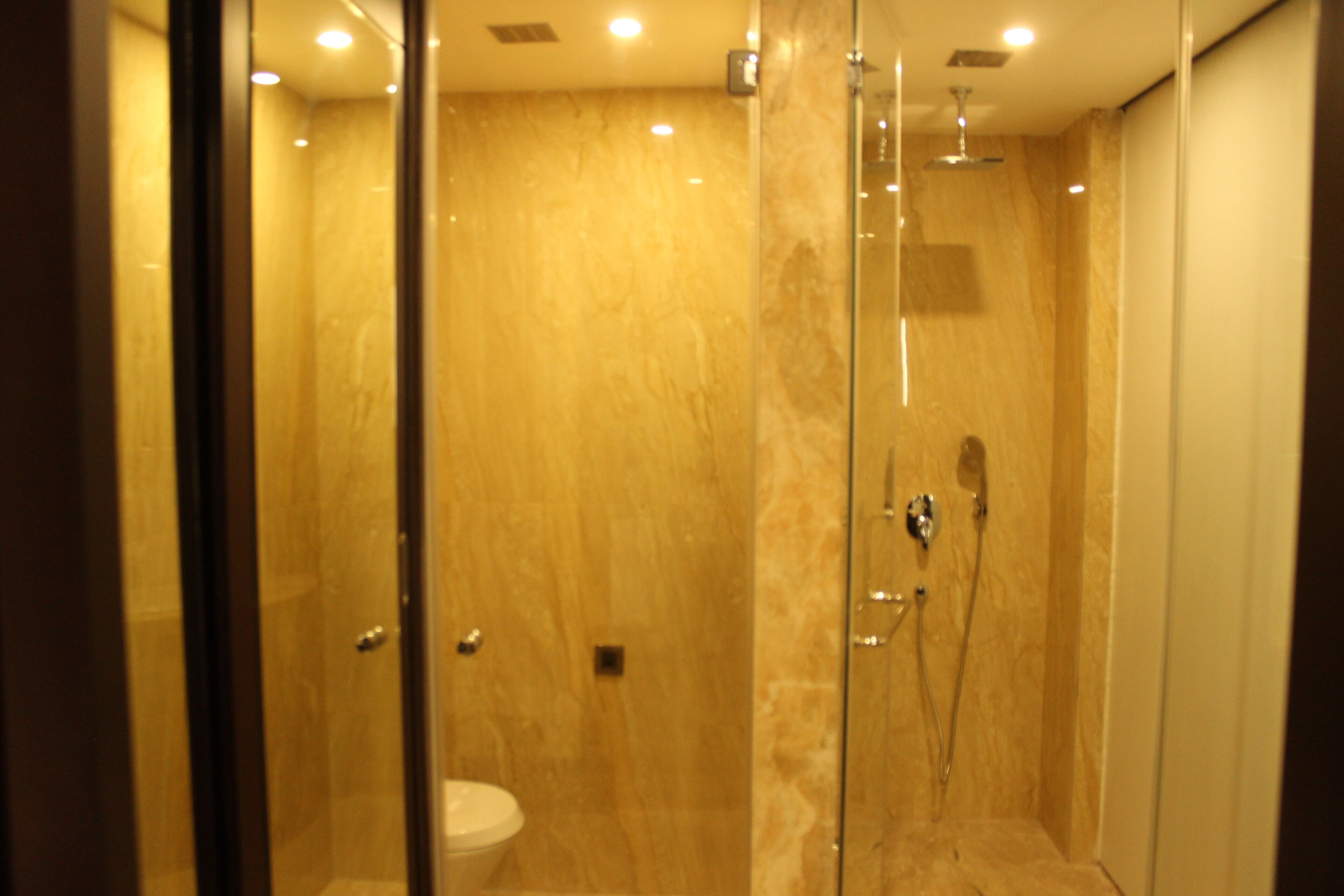 Eine Duschkabine mit Marmorwand, Toilette und Duschkopf.
