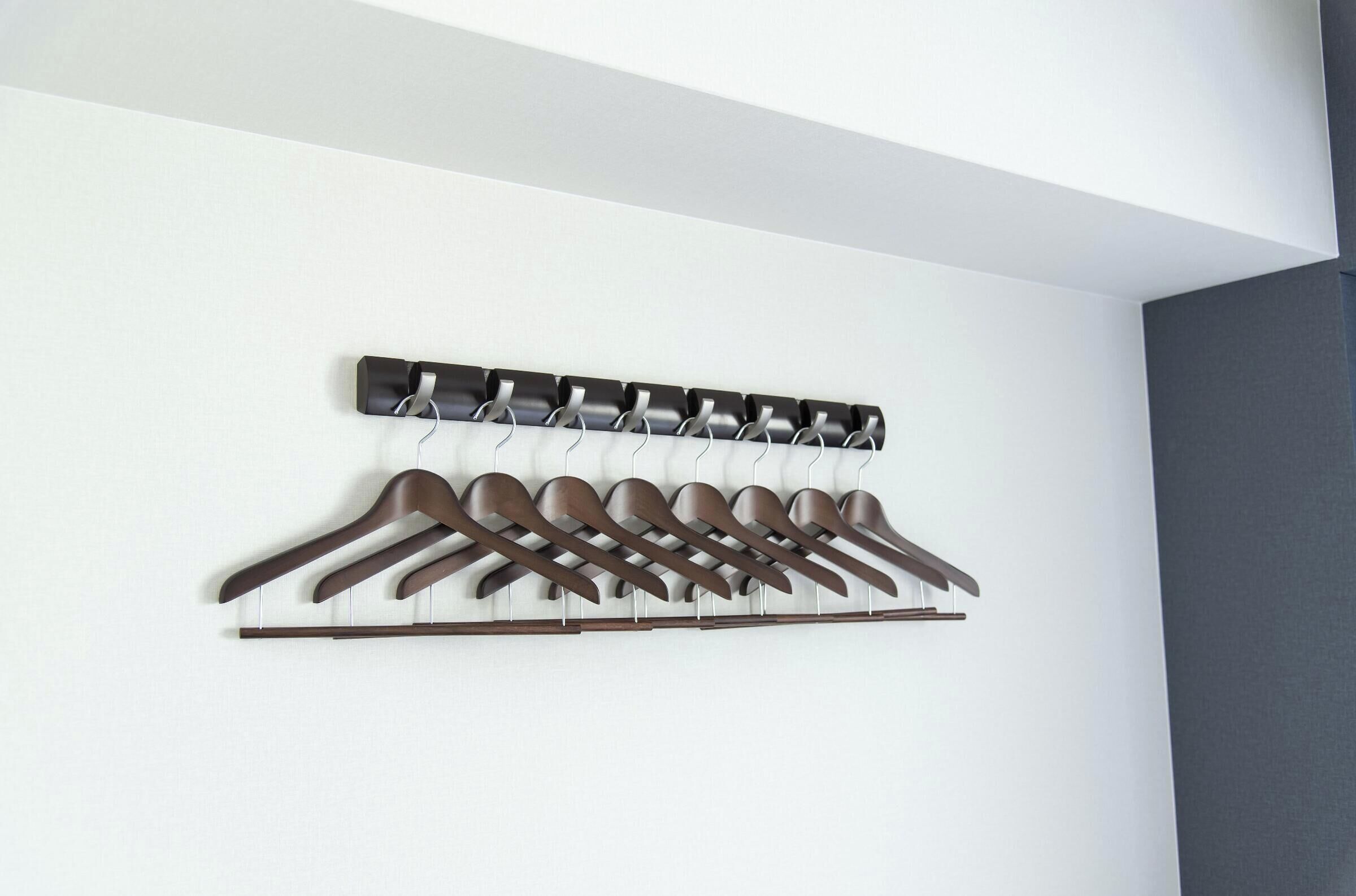 A wall-mounted coat rack with multiple hooks and a flat bar.