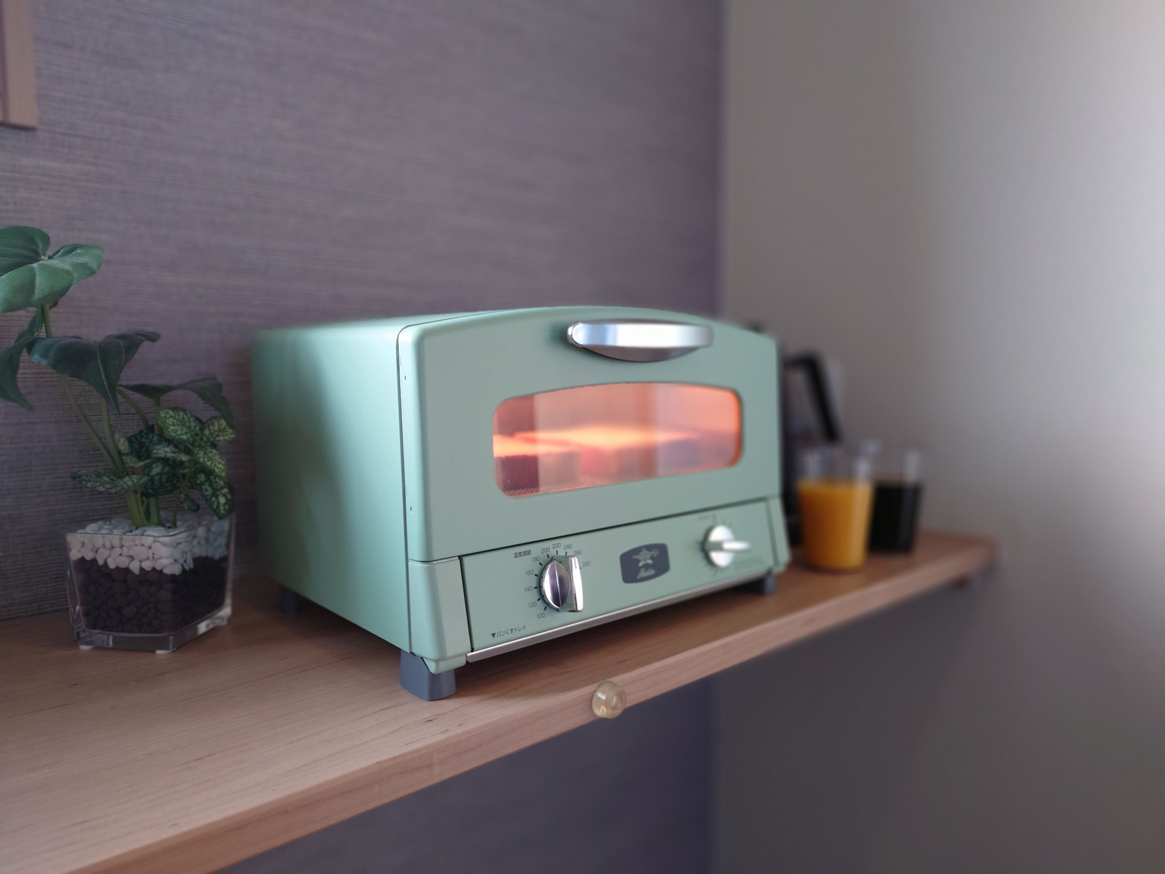 A retro-styled radio on a wooden shelf with a potted plant beside it.