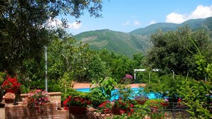 Una piscina rodeada de exuberante vegetación y montañas al fondo.