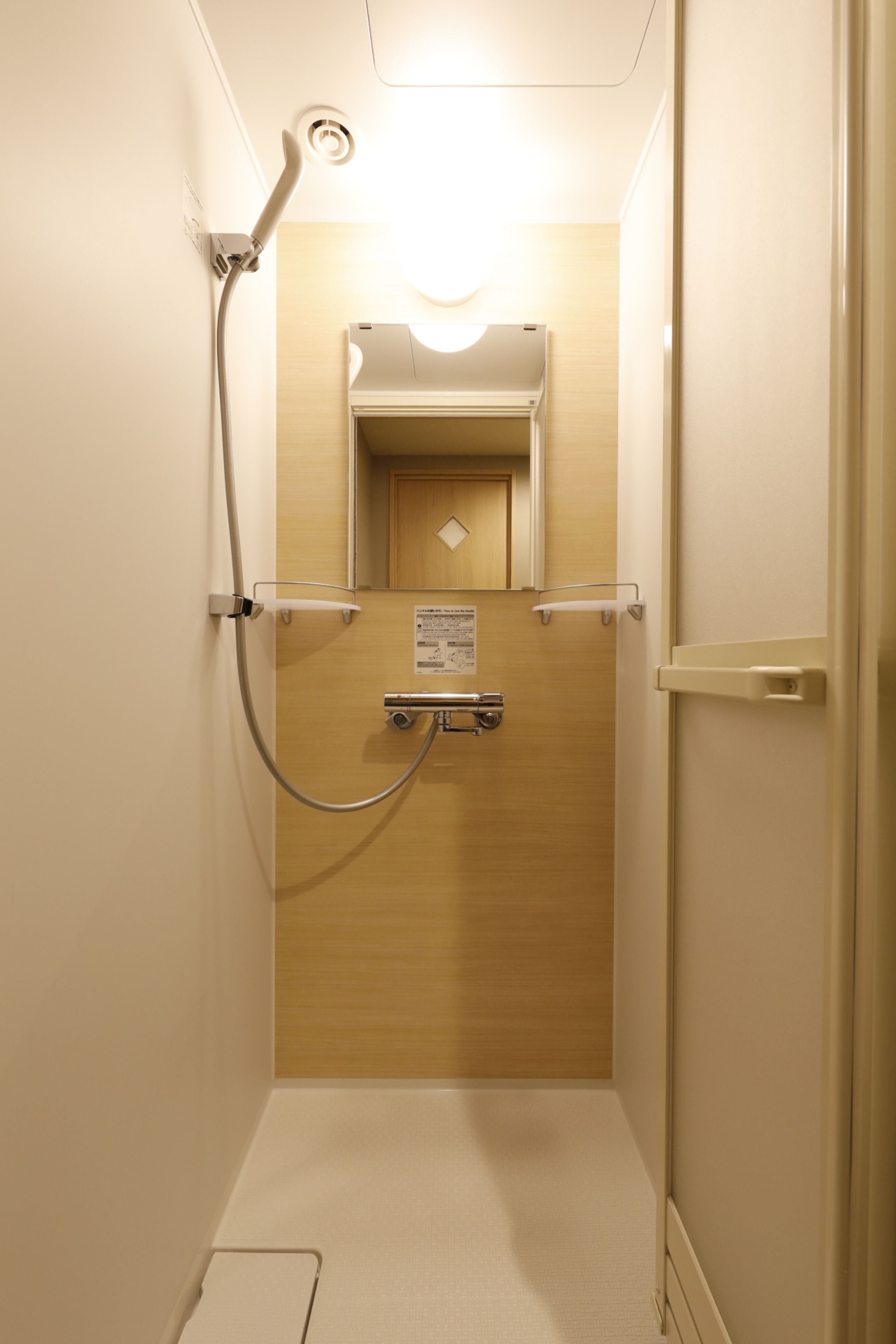 A narrow, enclosed bathroom with a wooden door, a mirror, and a showerhead.