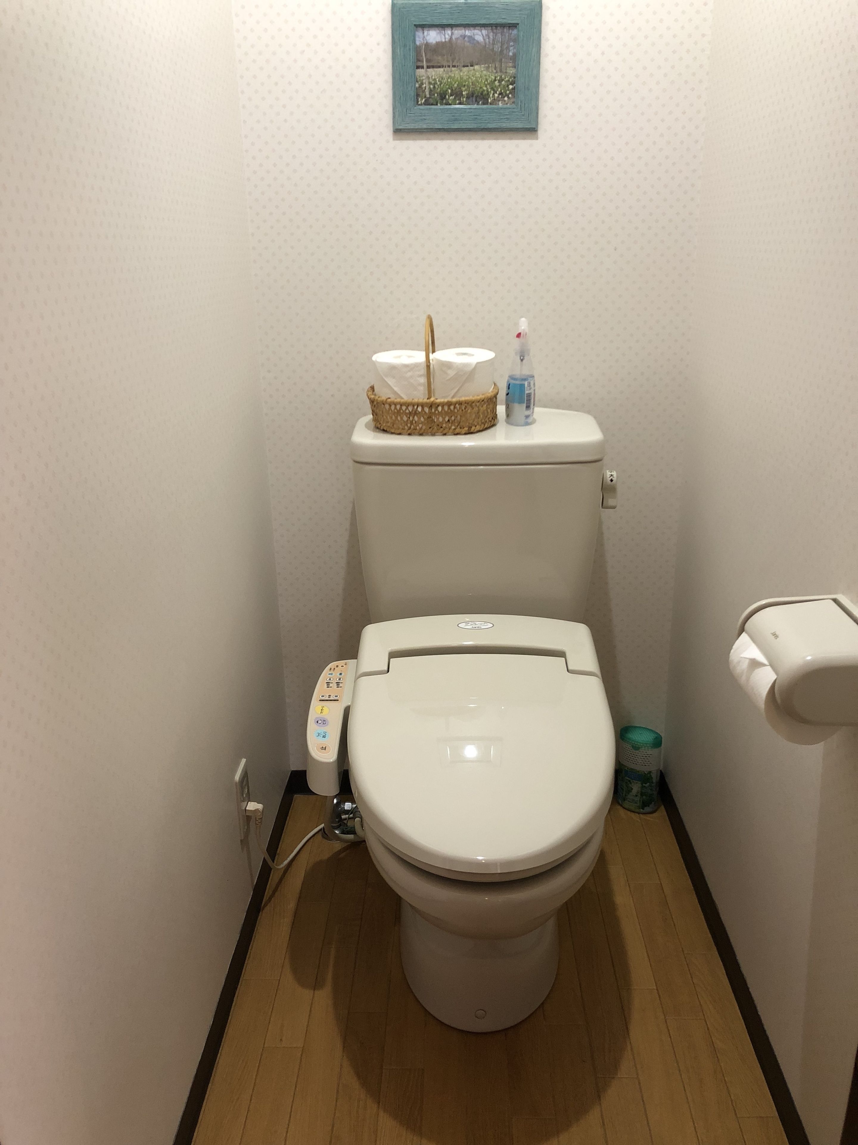 A toilet with a bidet attachment, a toilet paper holder, and a small trash bin.