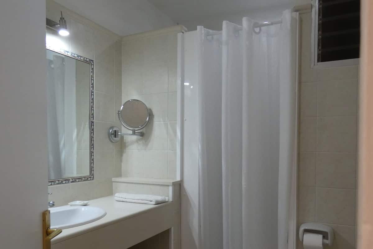 Een badkamer met een wastafel, spiegel, toilet en douchegordijn.