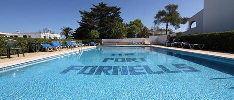 Outdoor pool, open 8:30 AM to 8:00 PM, pool umbrellas, pool loungers