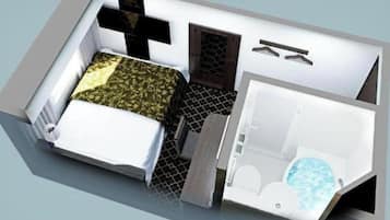 A 3D model of a hotel room with a bed, a small desk, a wardrobe, and a bathroom with a bathtub.