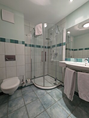 Eenpersoonskamer | Badkamer | Een douche, handdoeken