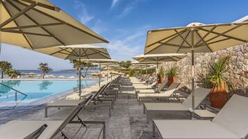 Outdoor pool, pool umbrellas, pool loungers