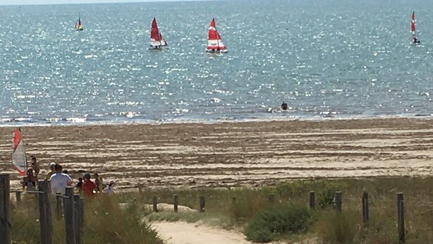Un paseo marítimo de madera que conduce a una playa arenosa, con una vista despejada del océano.