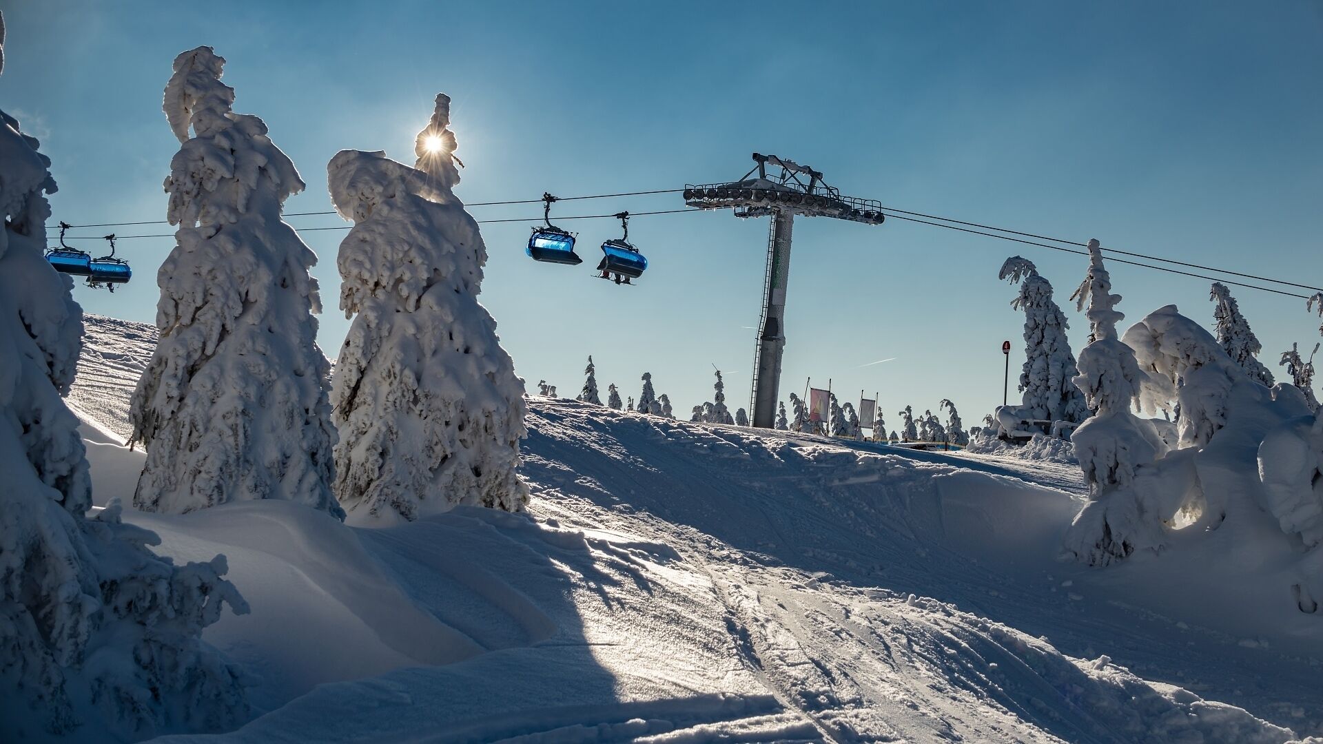 Una pista de esquí nevada con un telesilla y árboles cubiertos de nieve.