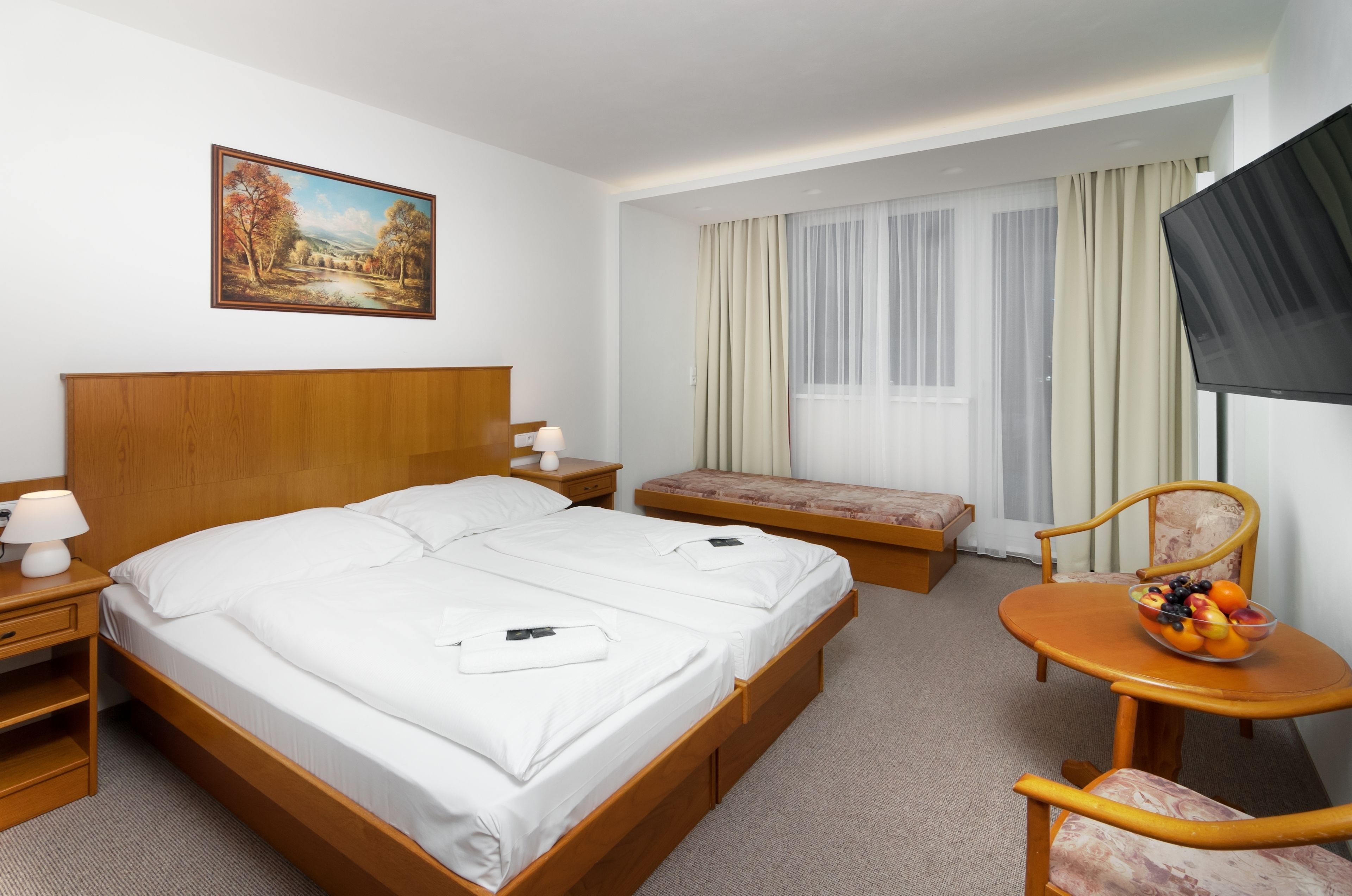 Habitación de hotel con una cama grande, mesitas de noche, un escritorio con una silla, un televisor y un frutero.