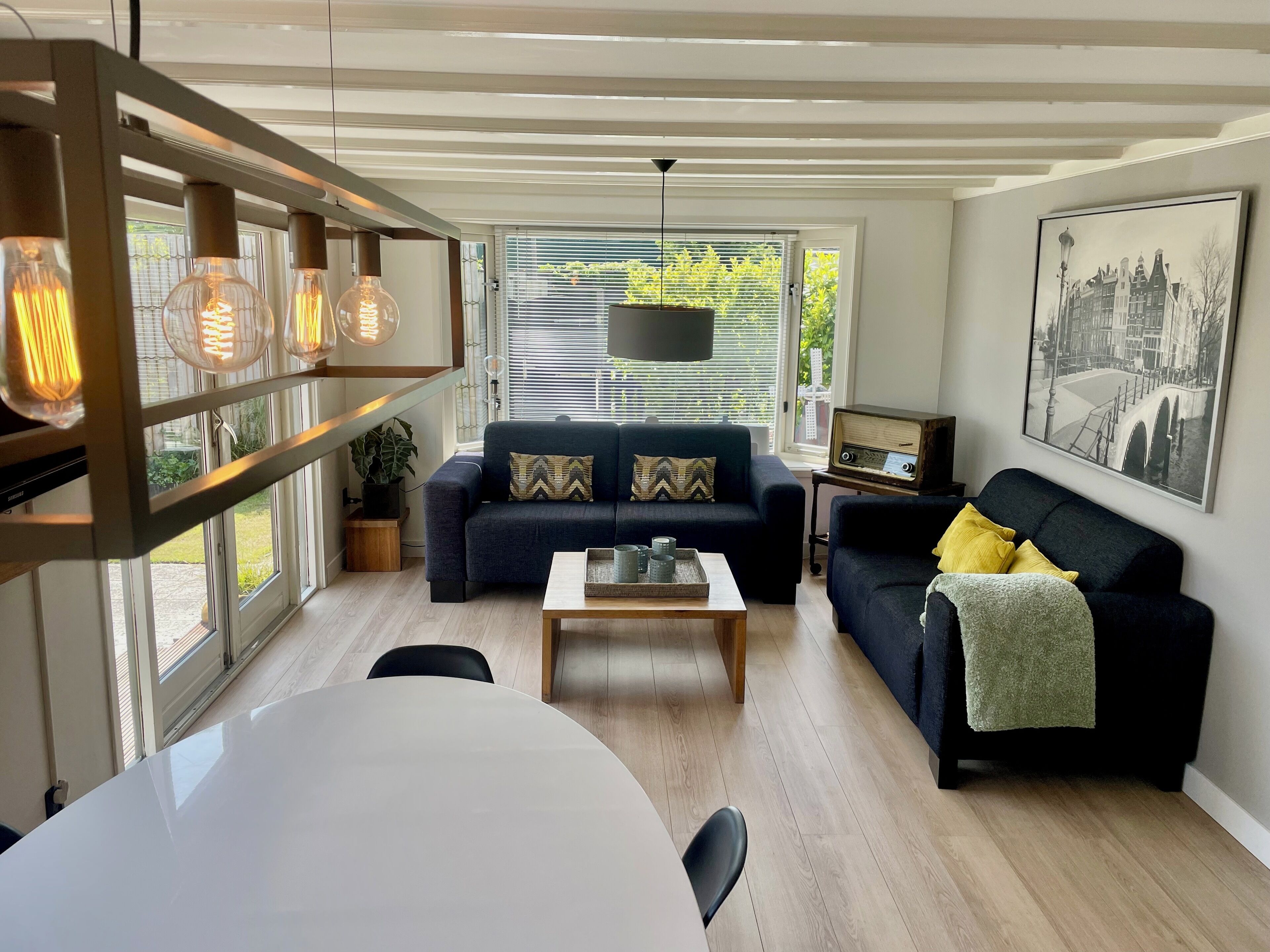 TV, fireplace, books