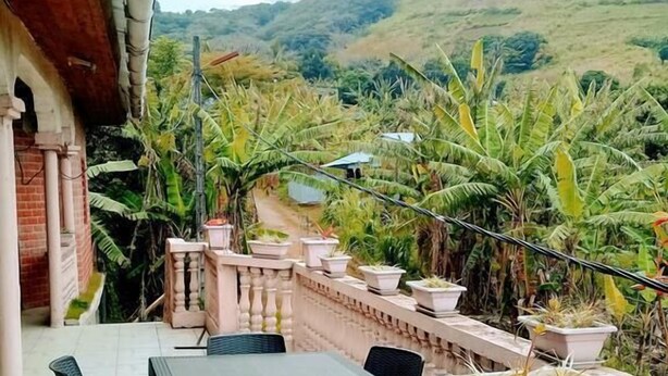 Un área de comedor al aire libre con una mesa y sillas, rodeada por una barandilla y plantas en macetas.