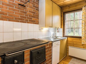 Cocina compacta con estufa, lavamanos y armarios de madera.