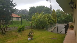 Un jardin à l’arrière d’une maison, avec une clôture verte, un pot de fleurs et un petit arbre.