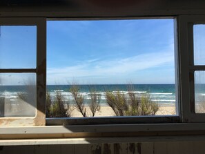 Blick aus dem Fenster auf einen Strand mit Wellen, Sand und vereinzelter Vegetation.