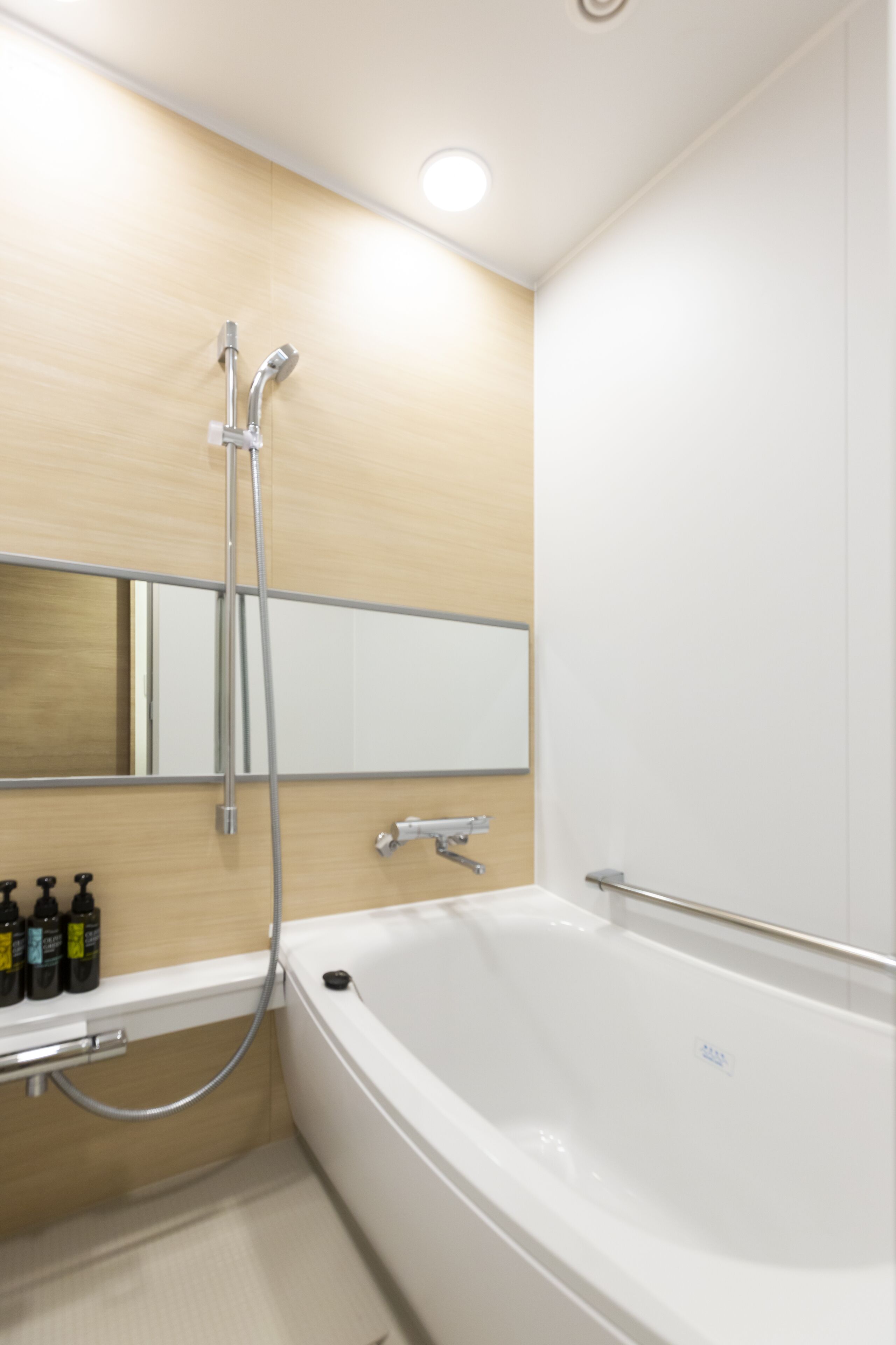 A modern bathroom with a white bathtub, a shower with a handheld showerhead, and a mirror above the sink.