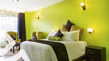 Premium bedding, memory foam beds, desk, laptop workspace