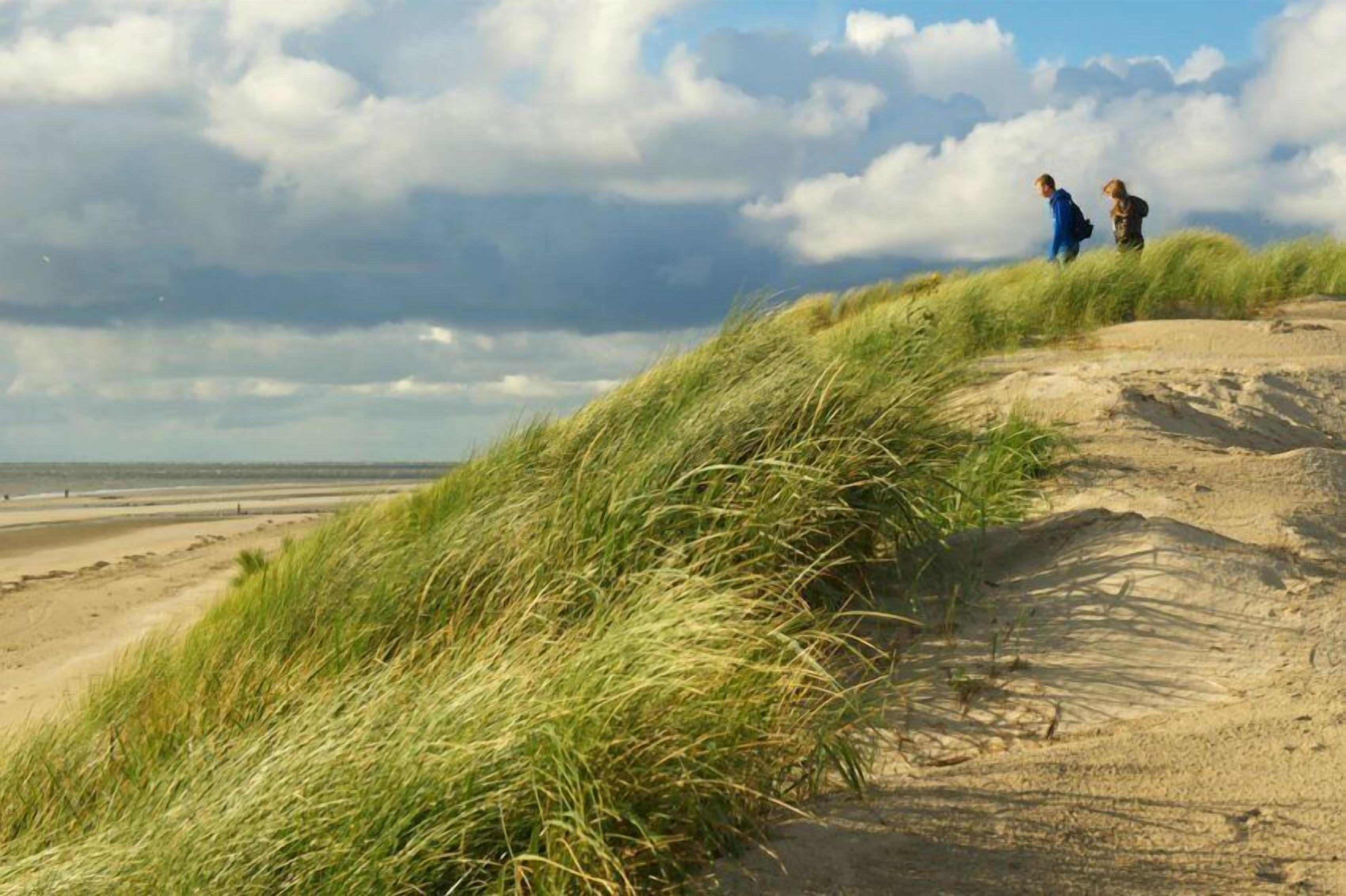 Une plage de sable avec de hautes dunes couvertes d’herbe et un ciel nuageux.