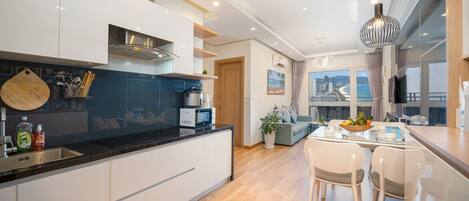 Panoramic Apartment, 2 Bedrooms, Ocean View, Oceanfront | Private kitchen | Fridge, microwave, stovetop, rice cooker