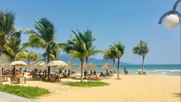 A beachside area with palm trees, beach chairs, and umbrellas. - Apartment SeaView at Muong Thanh Residence (Da Nang)