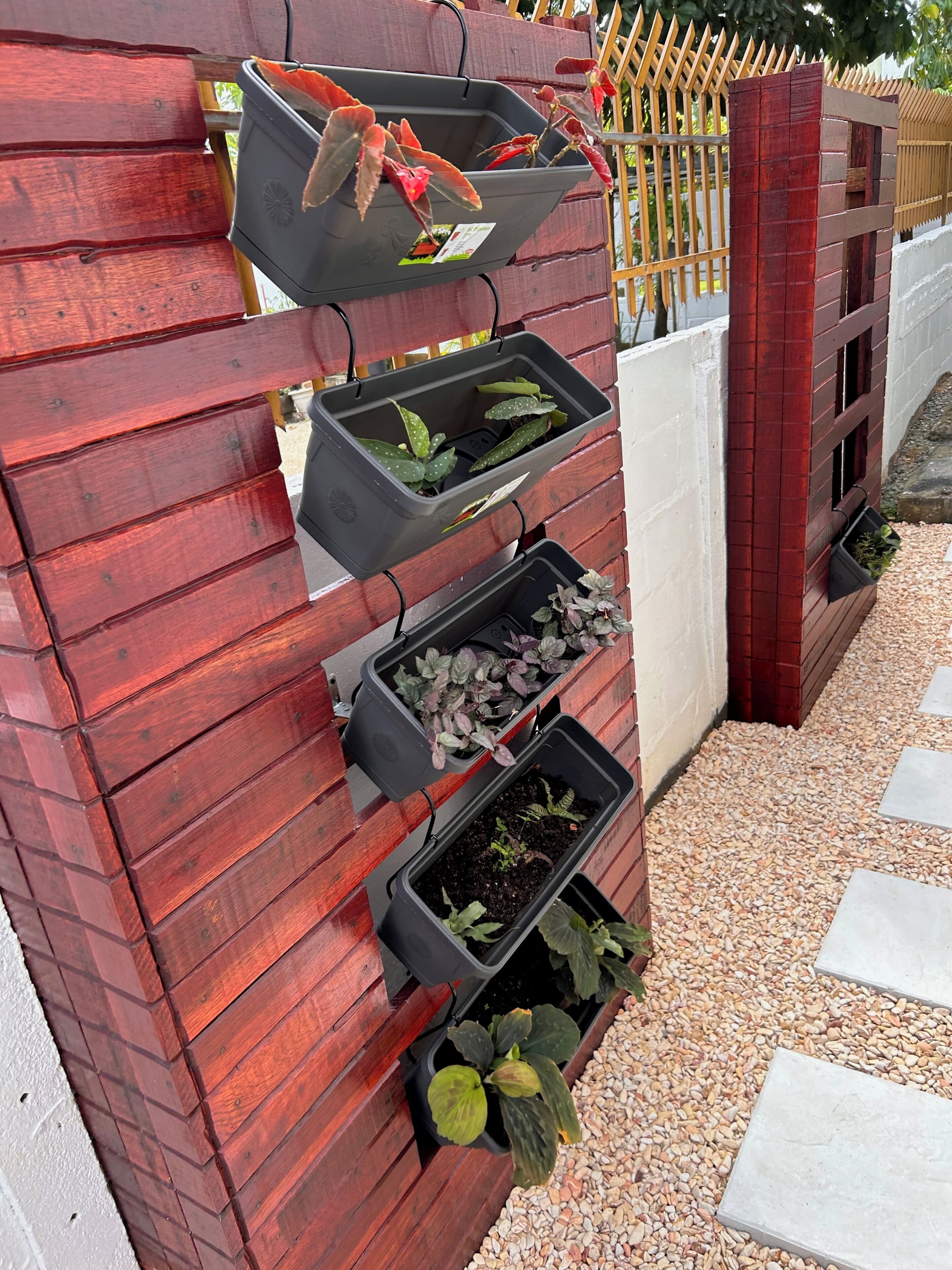 A vertical garden with multiple planters against a wooden wall, a white fence, and a paved walkway.