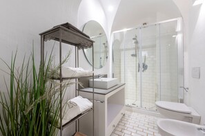 Shower, hair dryer, bidet, towels