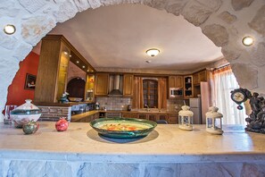 Luxury Villa, 4 Bedrooms, Private Pool | Private kitchen | Fridge, microwave, oven, stovetop - The Vivian - Luxury Stone Villa (Zakynthos)