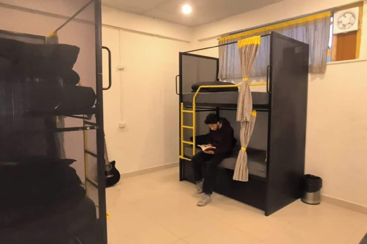 A bunk bed with a ladder, a small trash bin, and a window with curtains.